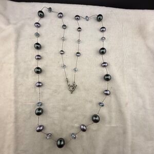 Modern Beaded Necklace Black Oil Slick Imitation Pearl Peacock Rhinestone 40”